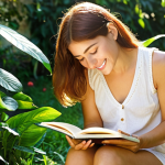 **Image Prompt:** A serene woman sits in a sunlit garden, journaling with a gentle smile. Lush greenery surrounds her, with sunlight dappling through the leaves. In the background, a supportive friend offers a comforting hand. The overall mood is peaceful and empowering. Focus on capturing the essence of self-compassion, connection, and emotional clarity. Style: Impressionistic, soft lighting.