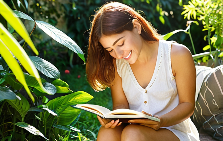 **Image Prompt:** A serene woman sits in a sunlit garden, journaling with a gentle smile. Lush greenery surrounds her, with sunlight dappling through the leaves. In the background, a supportive friend offers a comforting hand. The overall mood is peaceful and empowering. Focus on capturing the essence of self-compassion, connection, and emotional clarity. Style: Impressionistic, soft lighting.