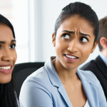 **A close-up shot of a diverse group of coworkers in a modern office, one individual subtly displaying a micro-expression of disagreement while the others smile during a presentation. Focus on the eyes and mouth to capture the fleeting emotion. Natural lighting, shallow depth of field.**