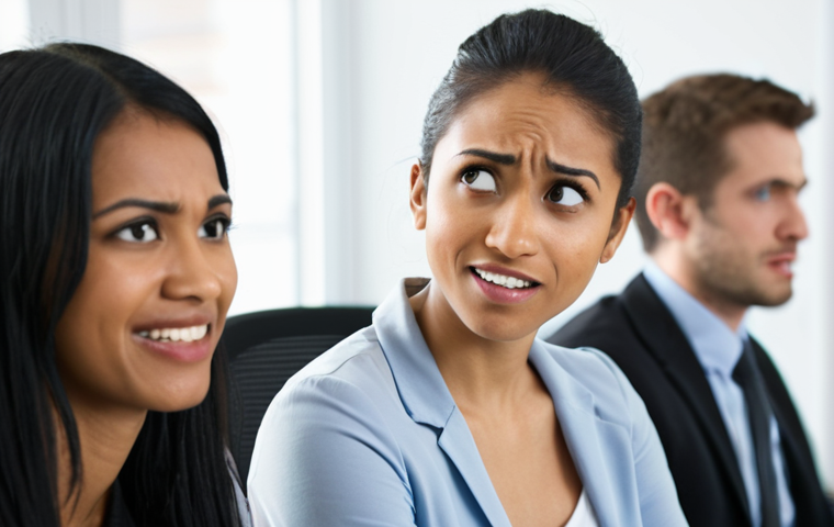 **A close-up shot of a diverse group of coworkers in a modern office, one individual subtly displaying a micro-expression of disagreement while the others smile during a presentation. Focus on the eyes and mouth to capture the fleeting emotion. Natural lighting, shallow depth of field.**
