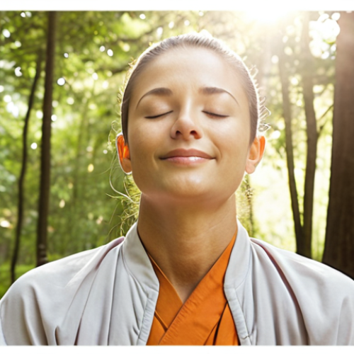 **Mindfulness Meditation:** A person meditating peacefully in a serene natural setting, sunlight filtering through the trees, eyes closed with a gentle smile, radiating calmness. Soft, muted colors.