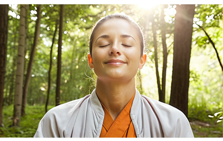 **Mindfulness Meditation:** A person meditating peacefully in a serene natural setting, sunlight filtering through the trees, eyes closed with a gentle smile, radiating calmness. Soft, muted colors.