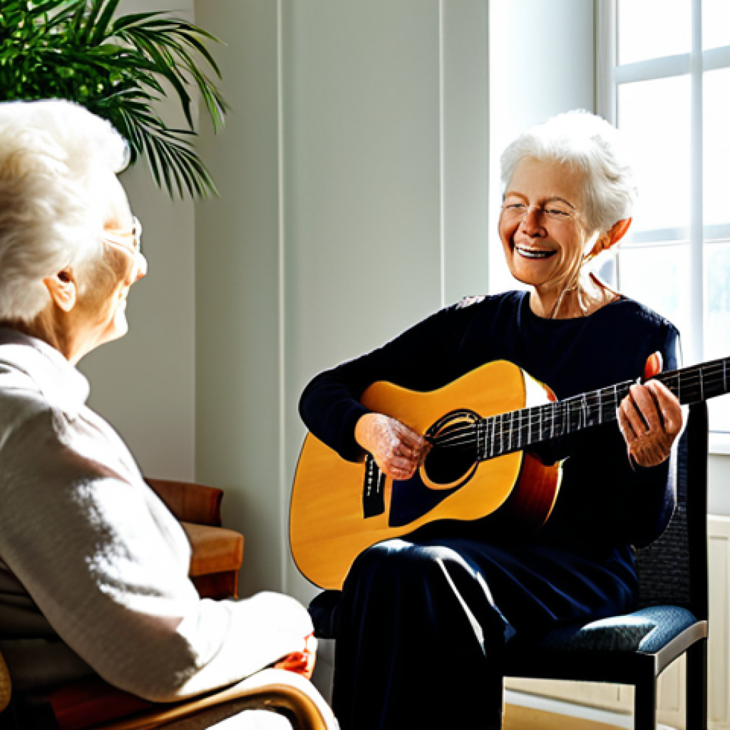 **
"A music therapist, fully clothed in a professional, modest outfit, is gently playing a guitar for an elderly woman in a comfortable chair; sunlight streams through a nearby window, safe for work, appropriate content, perfect anatomy, well-formed hands, family-friendly, professional setting, natural pose, high quality, appropriate attire, the elderly woman is smiling softly, therapeutic environment."
**