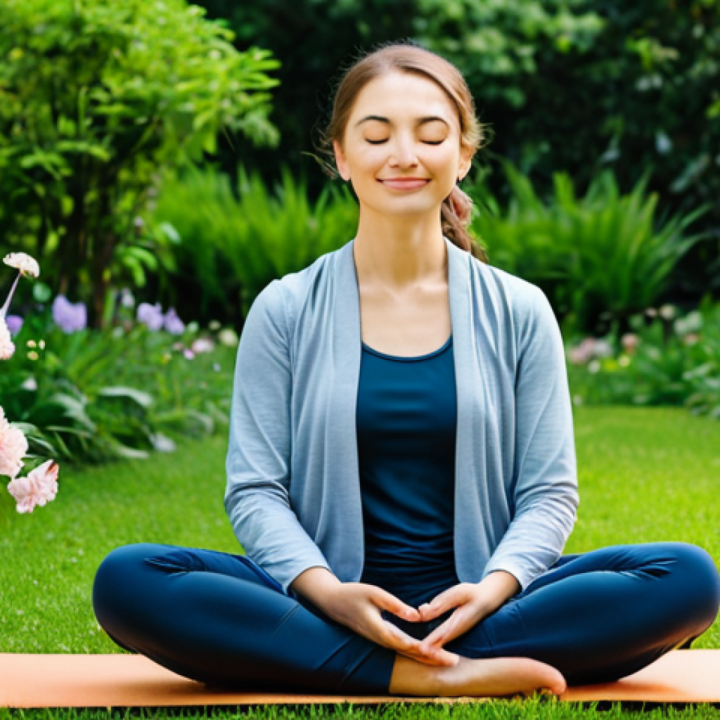 A serene woman practicing mindfulness meditation in a peaceful garden, surrounded by lush greenery and blooming flowers. She is sitting in a comfortable position, eyes closed, with a gentle smile on her face, fully clothed in modest yoga attire, safe for work, perfect anatomy, natural proportions, professional photography, high quality, appropriate content, professional, family-friendly.