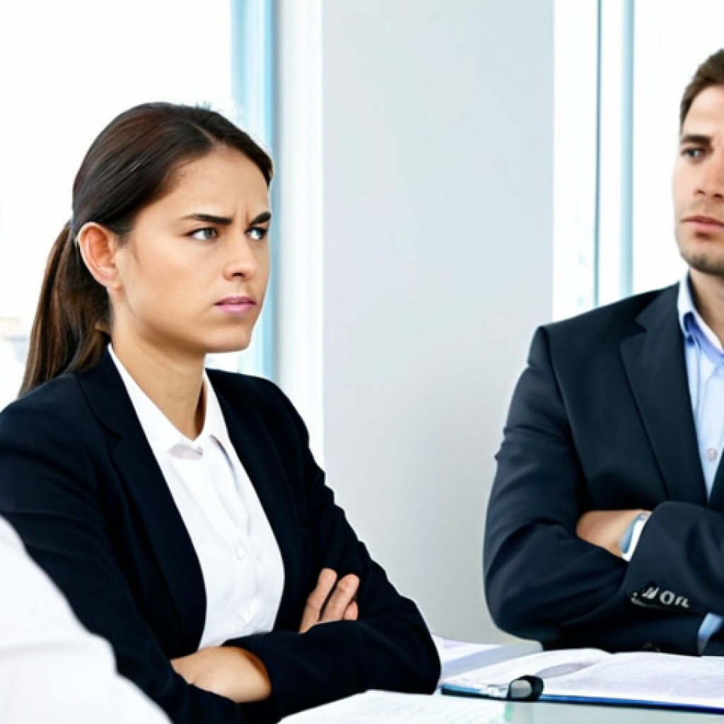 Misinterpreting Non-Verbal Cues in a Meeting**
"A professional setting in a modern office boardroom. A businesswoman in a modest blazer and blouse is presenting, while a male colleague across the table displays a subtle frown and crossed arms, suggesting disagreement or skepticism. Another colleague is looking at him, appearing confused. Focus on the body language. Fully clothed, appropriate attire, safe for work, perfect anatomy, natural proportions, professional, well-lit, family-friendly."
**