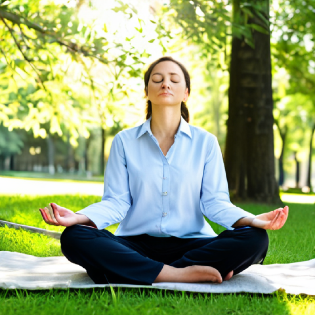 Mindful Meditation Break**
"A professional woman in comfortable, modest clothing sits in a peaceful park setting, practicing mindful meditation, eyes closed, hands resting gently in her lap, sunlight filtering through the trees, fully clothed, appropriate content, safe for work, perfect anatomy, natural pose, professional photography, serene atmosphere, family-friendly."
**
