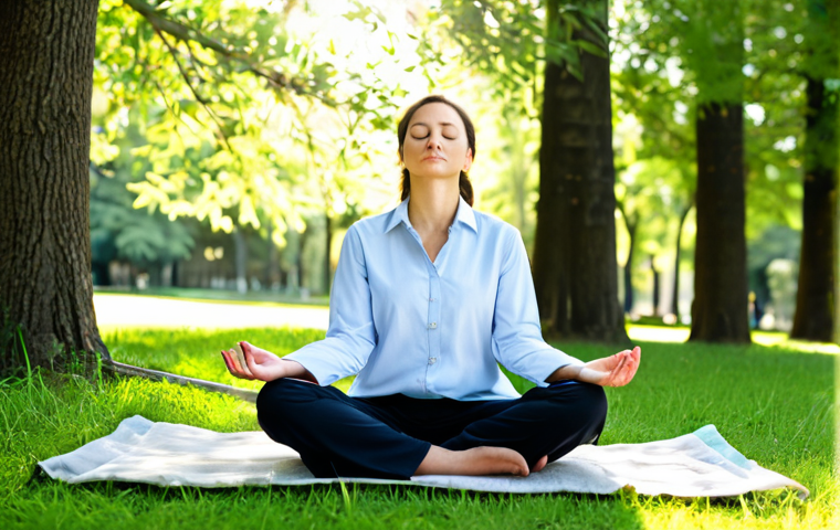 Mindful Meditation Break**

"A professional woman in comfortable, modest clothing sits in a peaceful park setting, practicing mindful meditation, eyes closed, hands resting gently in her lap, sunlight filtering through the trees, fully clothed, appropriate content, safe for work, perfect anatomy, natural pose, professional photography, serene atmosphere, family-friendly."

**