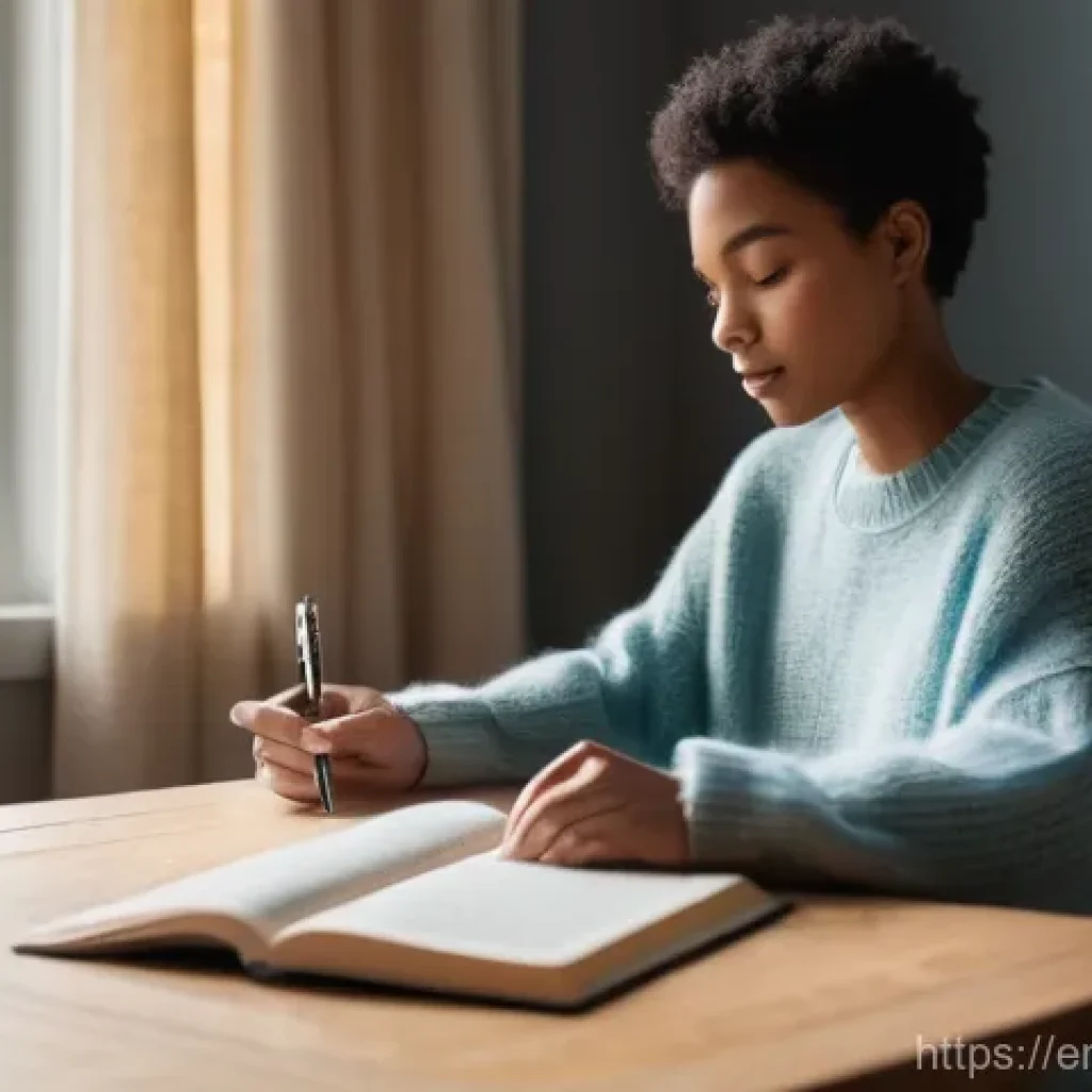 감정 해독을 통한 개인적 이야기 나누기 - **Prompt:** A young adult, gender-neutral, with a thoughtful and calm expression, is seated comforta...