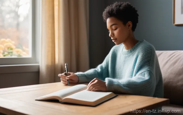 감정 해독을 통한 개인적 이야기 나누기 - **Prompt:** A young adult, gender-neutral, with a thoughtful and calm expression, is seated comforta...