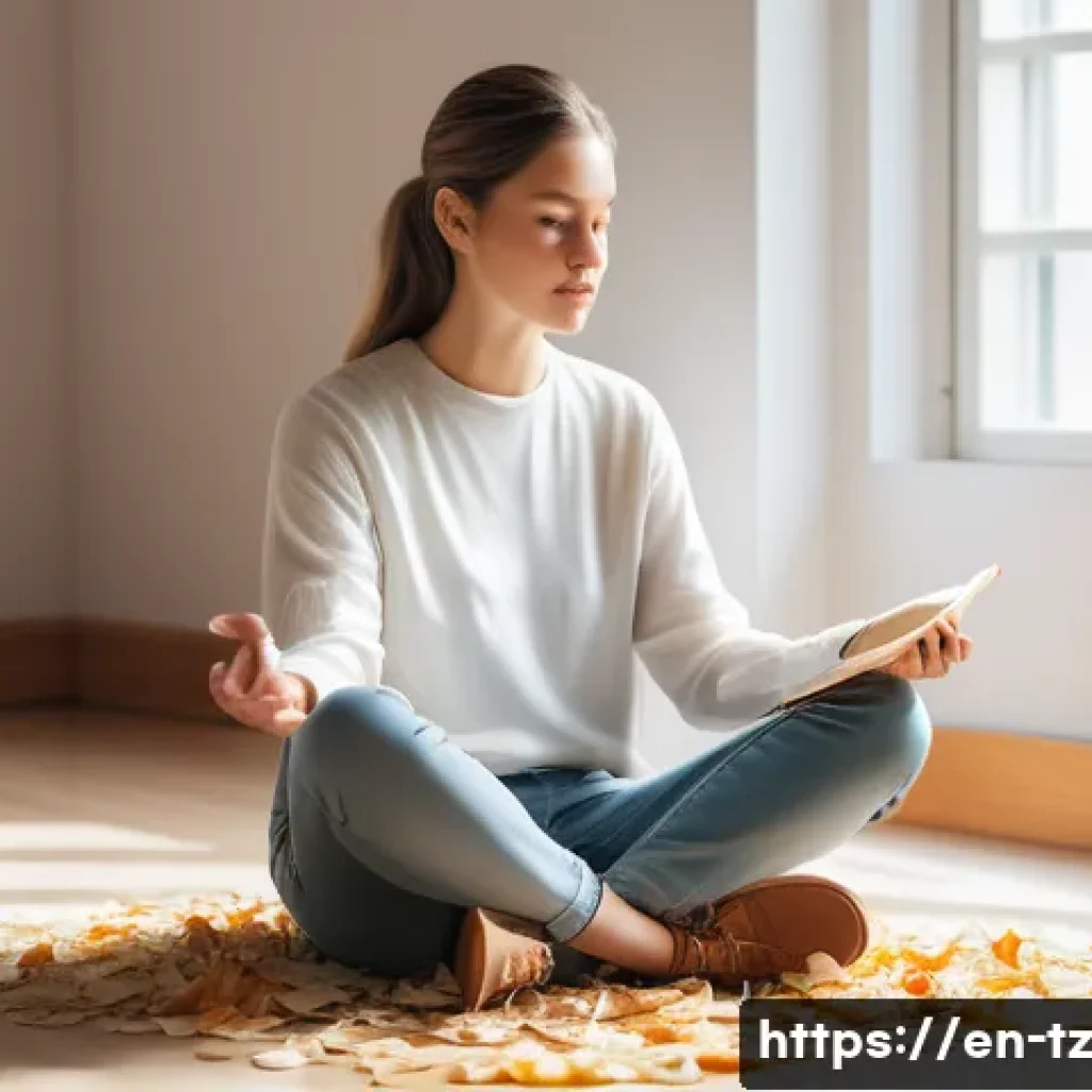 감정 해독을 위한 인식 변화의 중요성 - A serene and contemplative adult sitting cross-legged in a peaceful room filled with soft natural li...