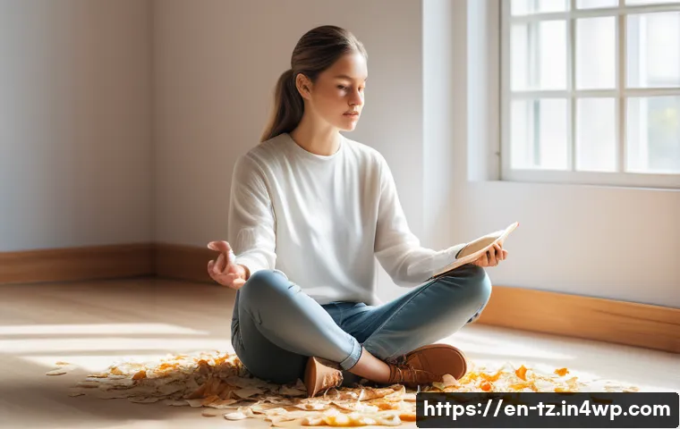 감정 해독을 위한 인식 변화의 중요성 - A serene and contemplative adult sitting cross-legged in a peaceful room filled with soft natural li...