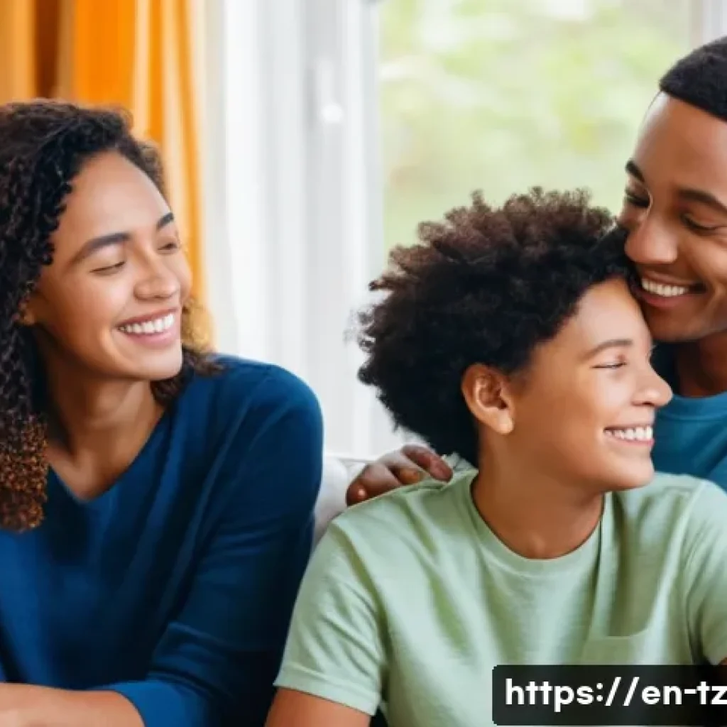 감정 해독을 위한 가족 및 친구의 역할 - A warm, cozy living room scene showing a diverse family of four—two parents and two siblings—engaged...