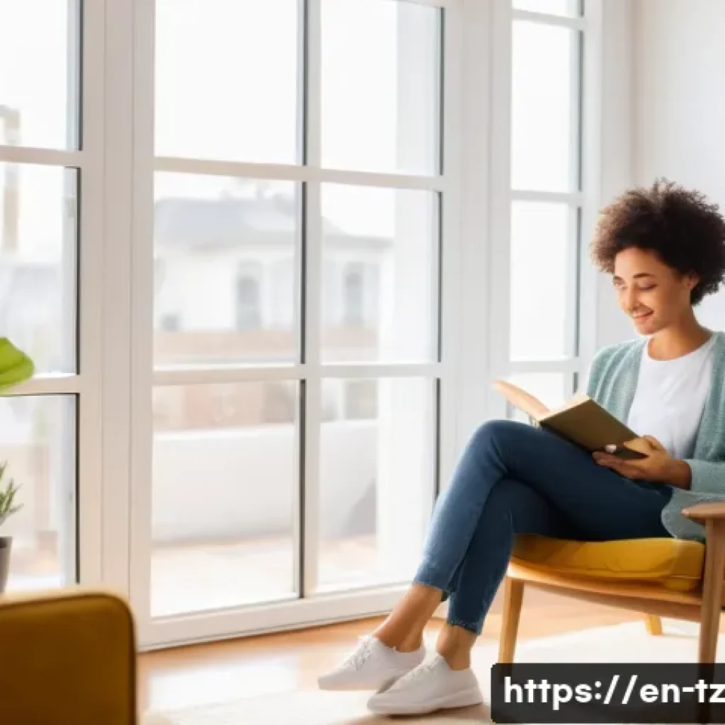 감정 해독을 위한 자아 존중의 실천 - A serene, cozy indoor scene featuring a diverse young adult woman sitting comfortably on a soft armc...