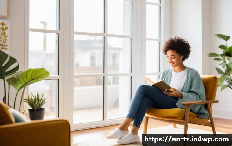 감정 해독을 위한 자아 존중의 실천 - A serene, cozy indoor scene featuring a diverse young adult woman sitting comfortably on a soft armc...