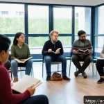 감정 해독을 위한 커뮤니티 구성 방법 - A warm, inviting community room filled with diverse adults engaged in an interactive emotional liter...