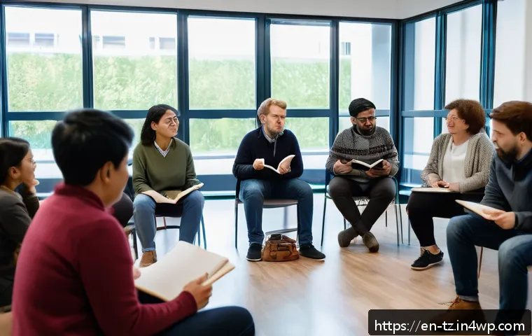 감정 해독을 위한 커뮤니티 구성 방법 - A warm, inviting community room filled with diverse adults engaged in an interactive emotional liter...