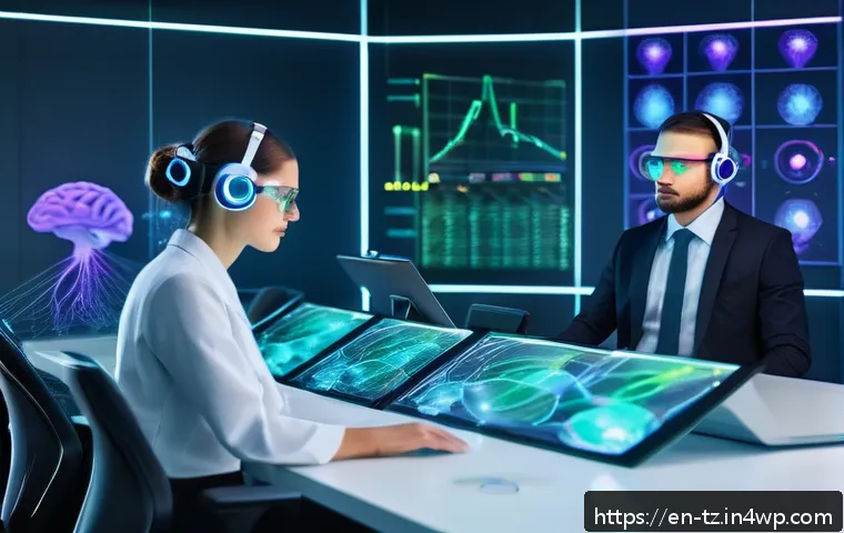 감정 해독의 실증 연구 결과 - A futuristic research laboratory scene showing a diverse group of professionals wearing sleek, moder...