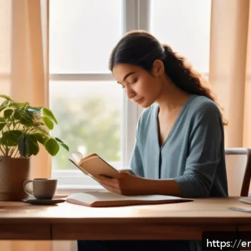 감정 해독과 긍정적 사고의 관계 - A serene, cozy home office scene at sunrise, featuring a young adult woman sitting comfortably at a ...