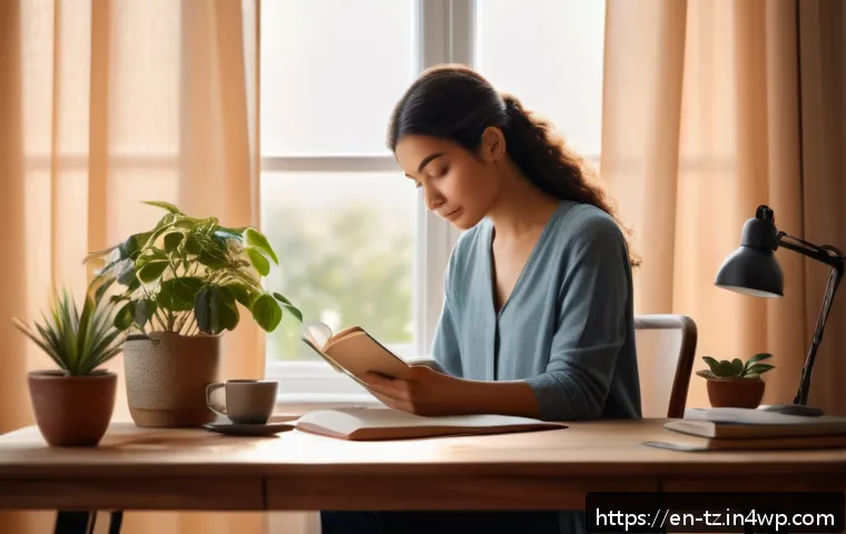 감정 해독과 긍정적 사고의 관계 - A serene, cozy home office scene at sunrise, featuring a young adult woman sitting comfortably at a ...
