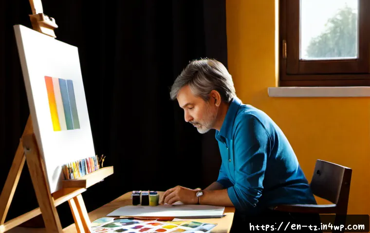 Home 17 감정 해독의 결과물로서의 창조적 작업 - Photorealistic creative workspace at dawn, thoughtful middle-aged artist seated at a wooden desk, ar...